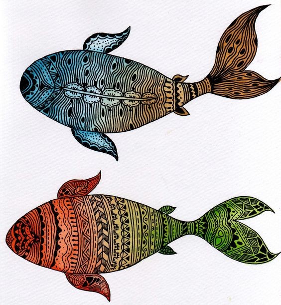 Two colorful patterned fishes tattoo design