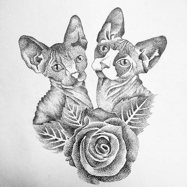 Two dotwork sphynx cats and a rose bud