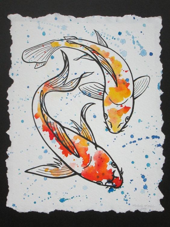 Two outline fishes with orange watercolor spots tattoo design
