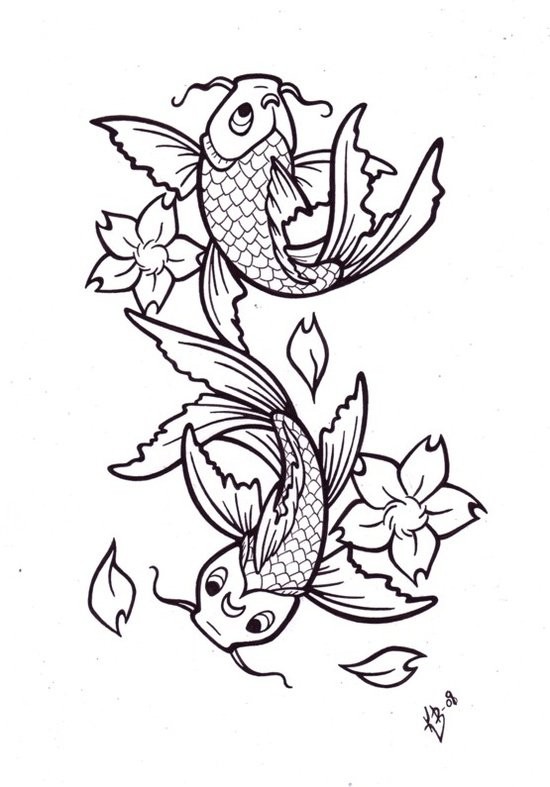 Two uncolored koi fish and cherry blossom tattoo design