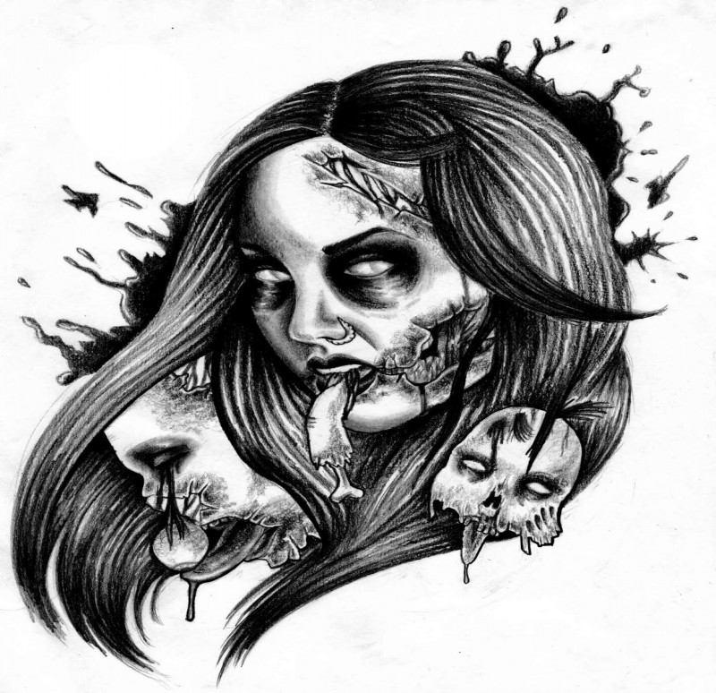 Ugly black-ink zombie girl portrait with other heads tattoo design