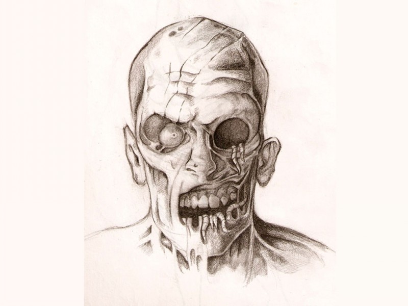 Desenho de tatuagem de retrato de zombie feio lápis-roxo