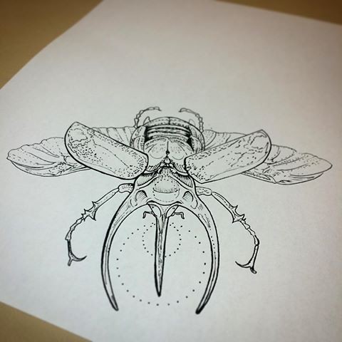 Uncolored bug attacking with horns tattoo design