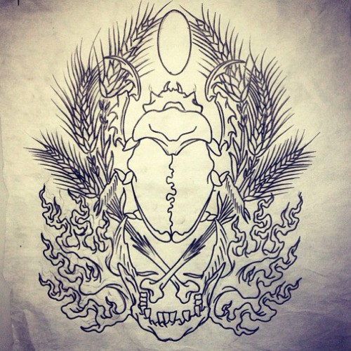Uncolored bug with rich wheatears and fired skull jaw tattoo design