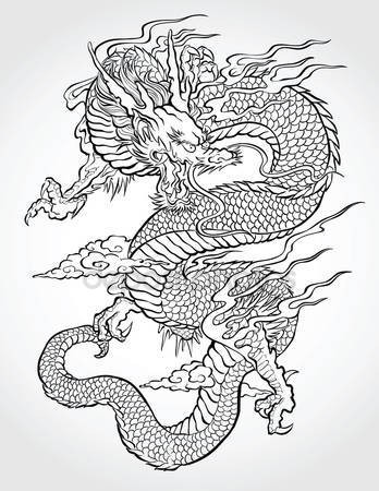 Dragão chinês sem cor no desenho de tatuagem de fogo