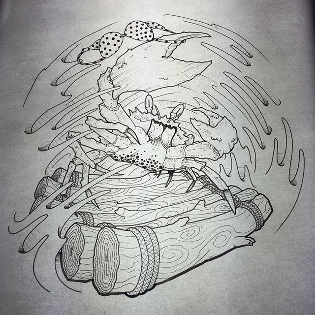 Uncolored crab with bra crawling on wooden bridge in storm tattoo design