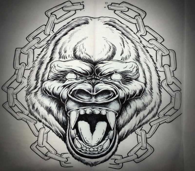 Uncolored crying gorilla framed with huge chains tattoo design