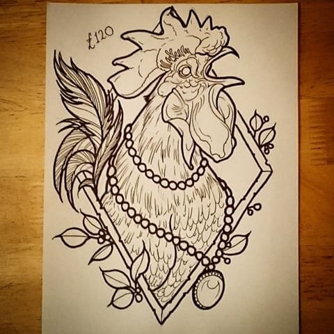 Uncolored crying rooster with beaded medallion on neck tattoo design