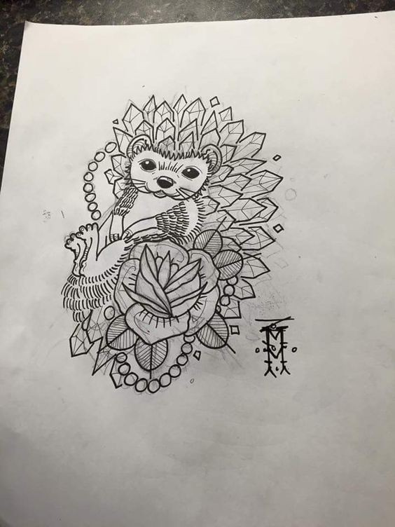 Uncolored crystal-spined hedgehog with rose tattoo design