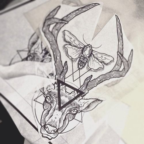 Uncolored deer head with black triangle on forehead and moth tattoo design