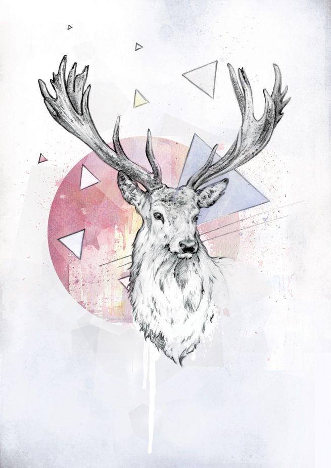 Uncolored deer portrait with colorful geometric figures tattoo design