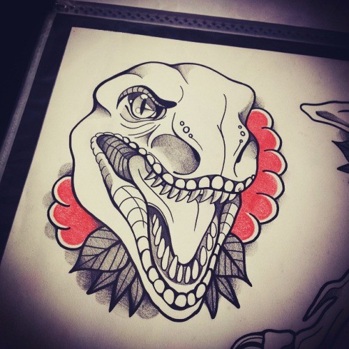 Uncolored dinosaur head on red flowered background tattoo design