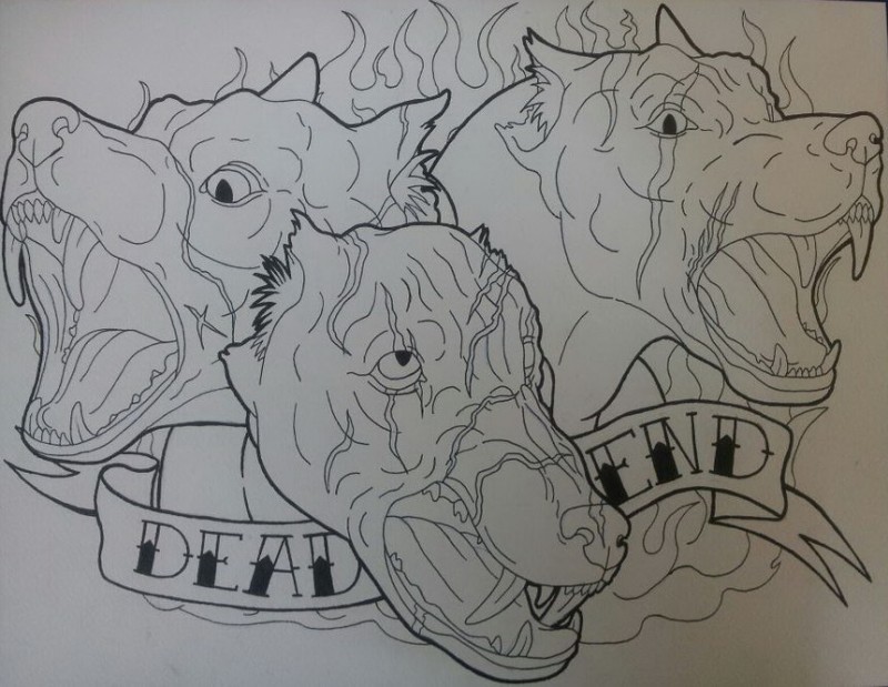 Uncolored dog heads with banner tattoo design by Skin Canvass
