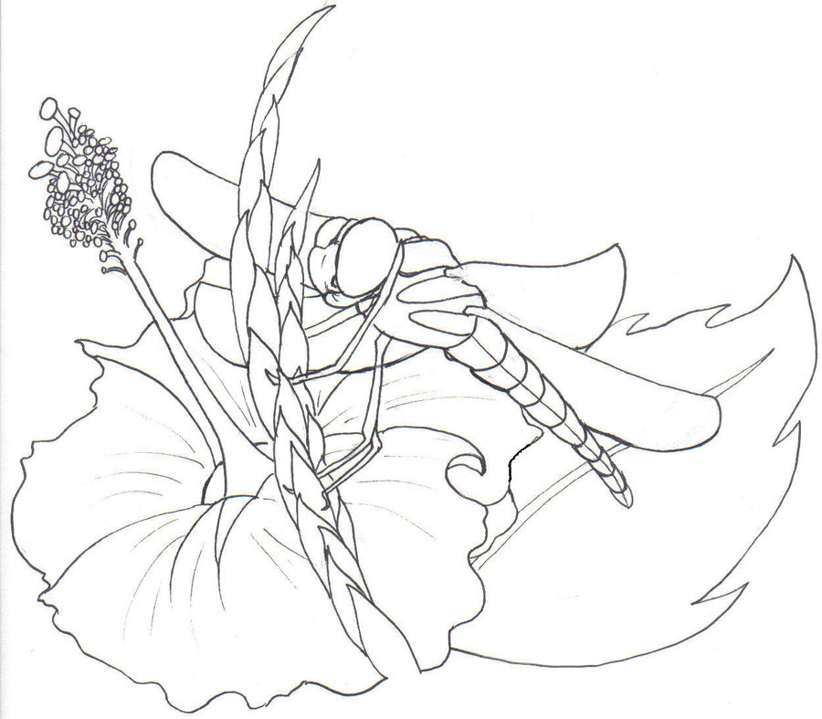 Uncolored dragonfly and hibiscus flowers tattoo design by Arperry Design