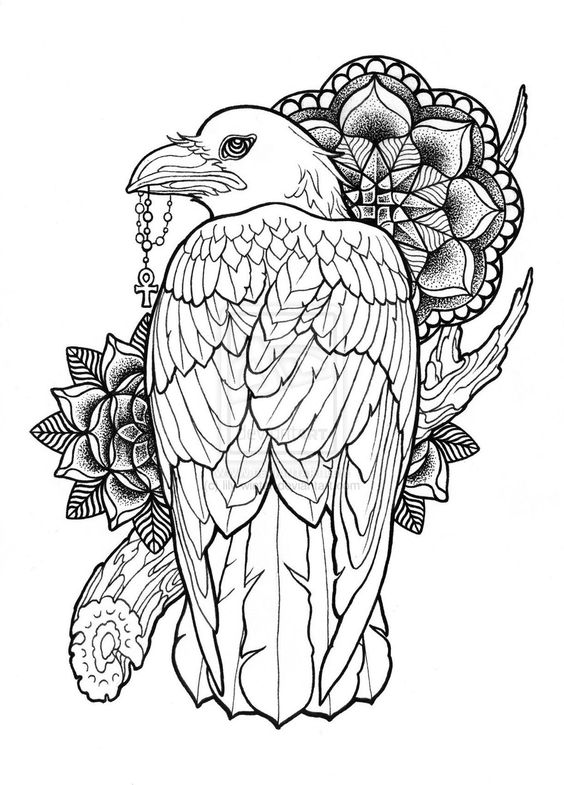 Uncolored eagle keeping a cross with mandala flowers and branch tattoo design