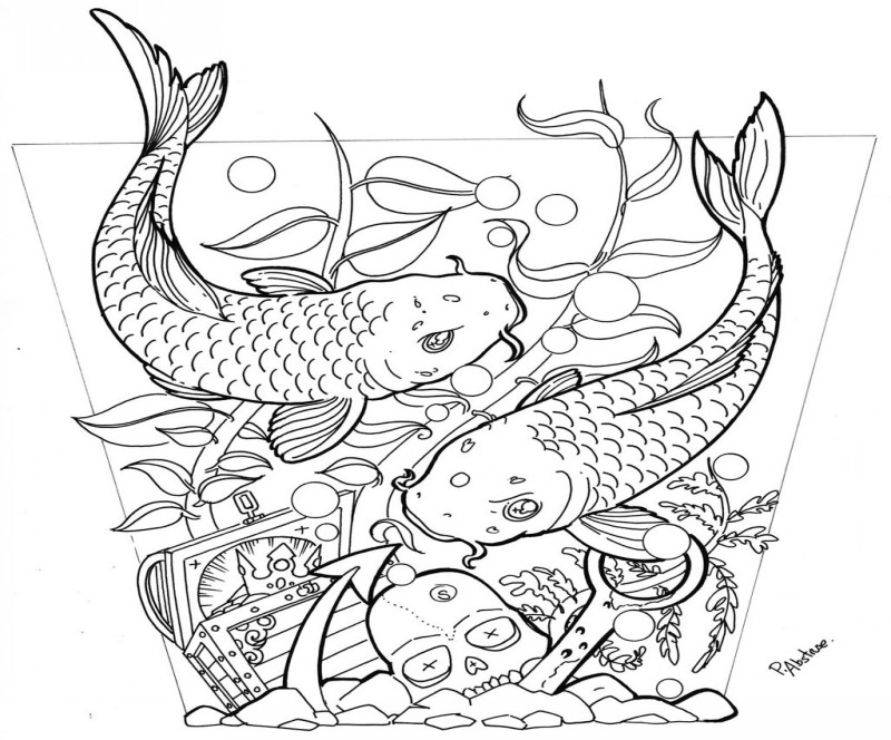 Uncolored fish couple with treasure and human skull tattoo design by Paulabstruse