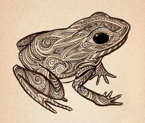 Uncolored folk-ornamented sitting frog tattoo design