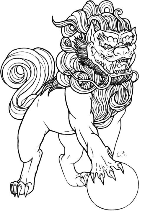 Uncolored foo dog with curly mane and ball tattoo design