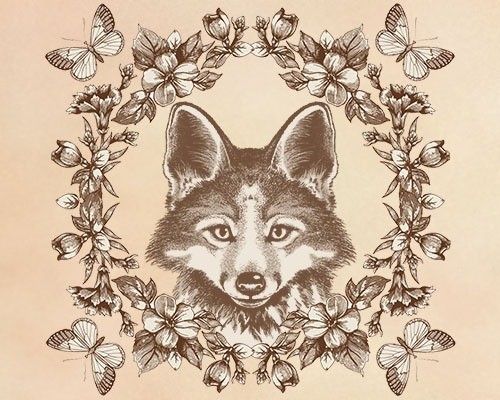 Uncolored fox head in flowerew frame tattoo design