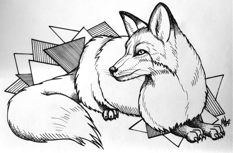 Uncolored fox lying in triangle figures tattoo design by Mary Mary