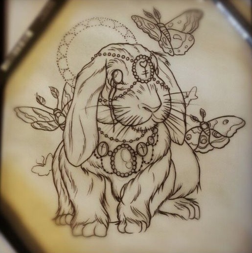 Uncolored gem-decorated rabbit and flying butterflies tattoo design