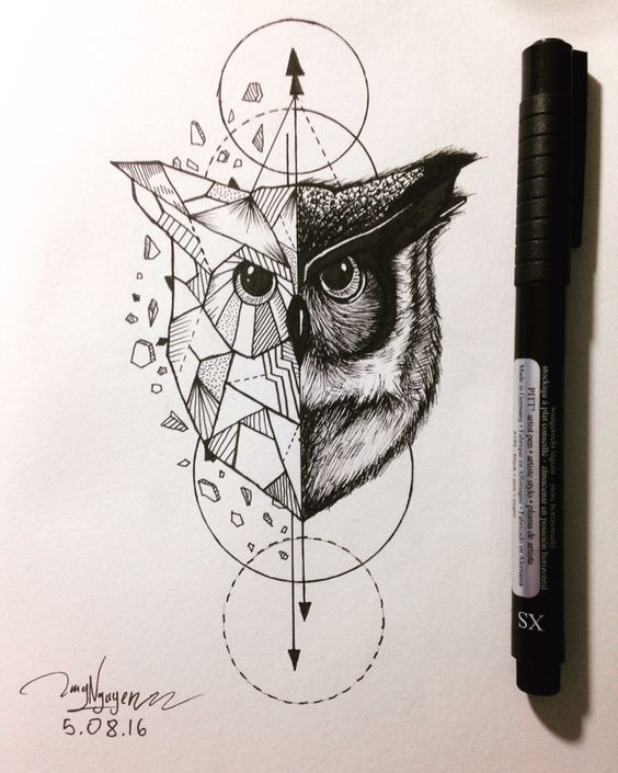 Uncolored half-geometric owl with drawinds tattoo design