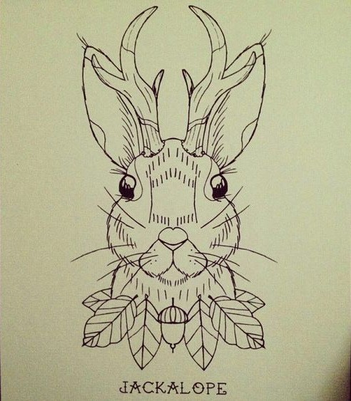 Uncolored horned rabbit portrait with small leaves and acorn tattoo design