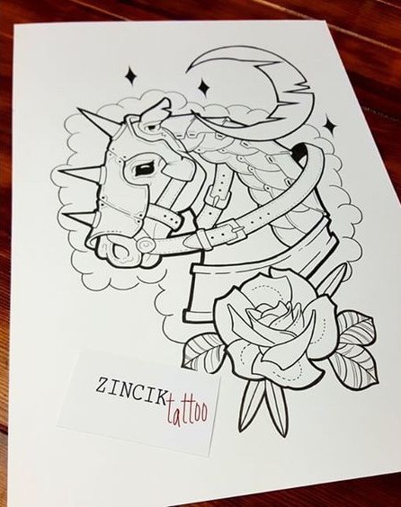Uncolored horse in armour with flower and half moon tattoo design