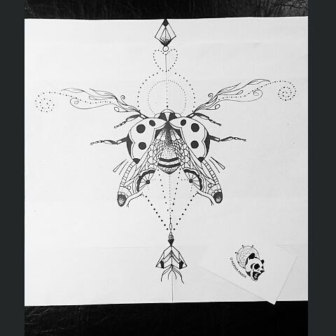 Uncolored ladybug with printed wings on geometric drawing background tattoo design