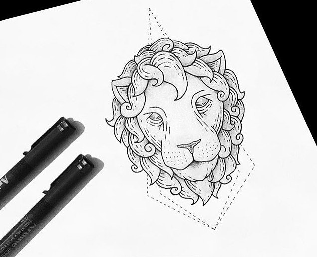 Uncolored lion head on geometric background tattoo design
