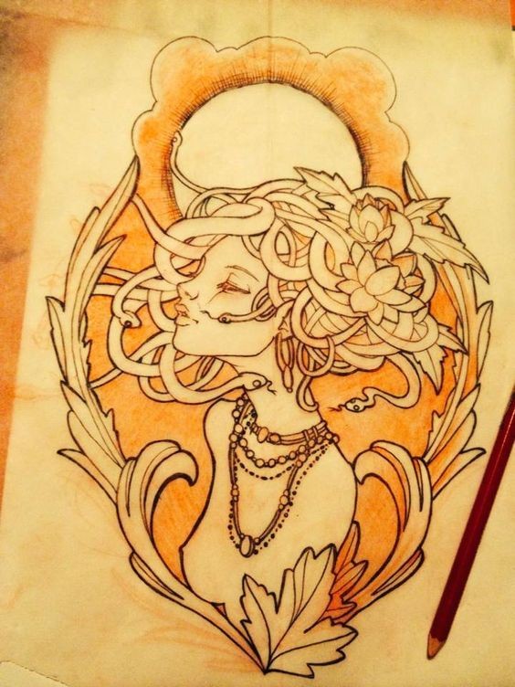 Gorgona de medusa incolor no desenho de tatuagem de brilho laranja