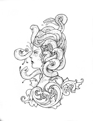 Gorgona de medusa incolor em perfil com design de tatuagem de decorações de cacho