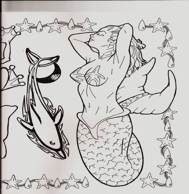 Uncolored mermaid having sunbath tattoo design