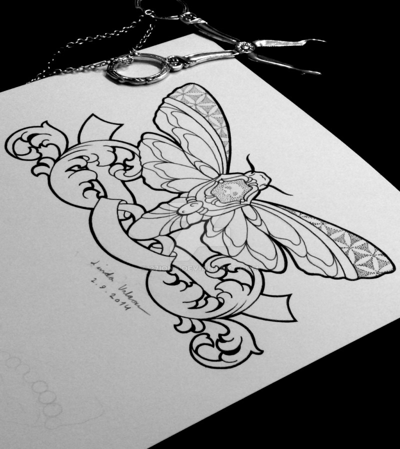 Uncolored moth and quoteless banner tattoo design by 27ions