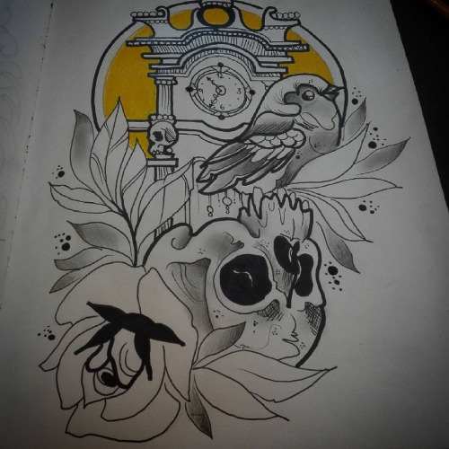 Uncolored new school bird with skull and flowers on tower background tattoo design