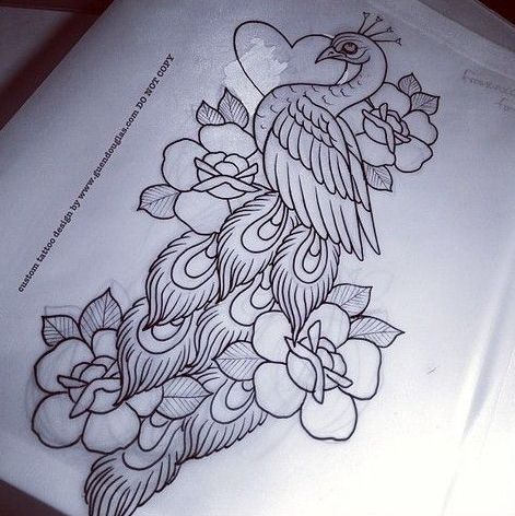 Uncolored new school peacock and flowers tattoo design