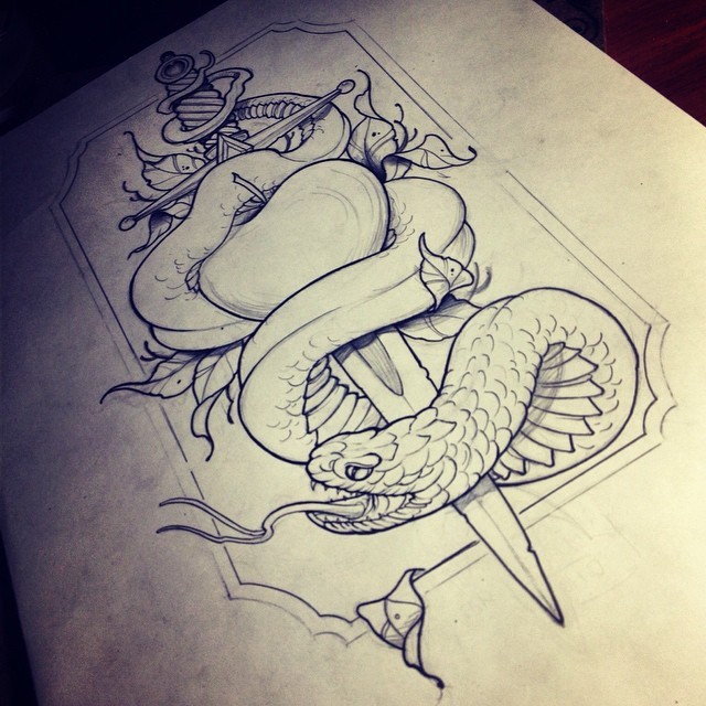 Uncolored new school snake with sword and apple tattoo design