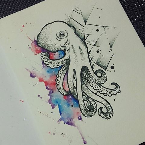 Uncolored octopus with geometric and watercolor elements tattoo design