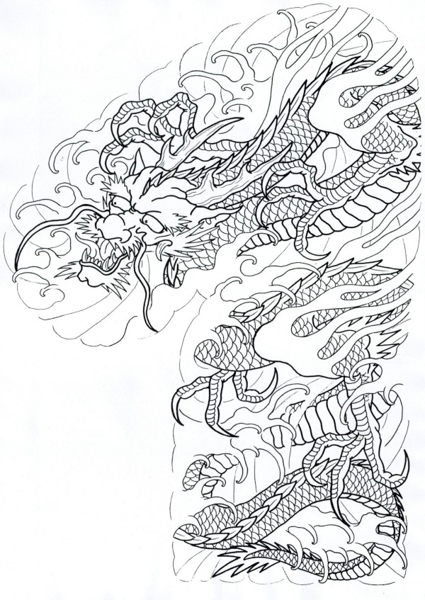 Uncolored oriental dragon tattoo design on half back