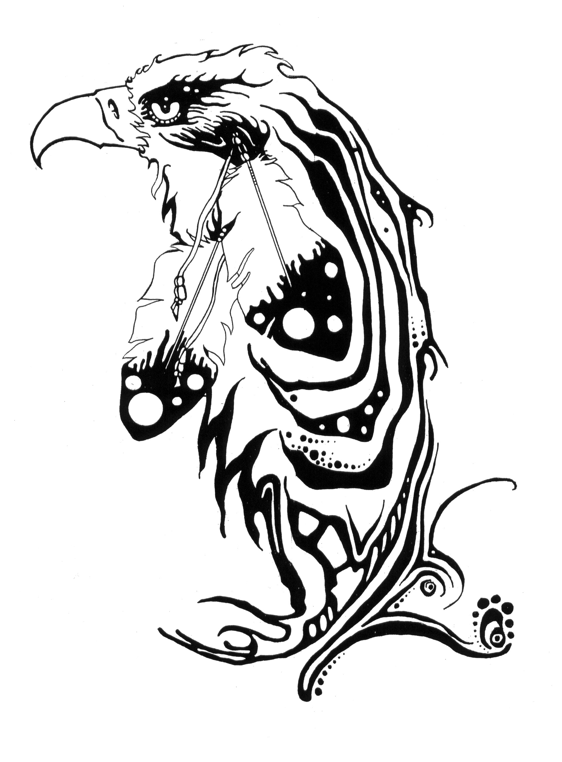 Uncolored ornamented eagle with feather decoration tattoo design
