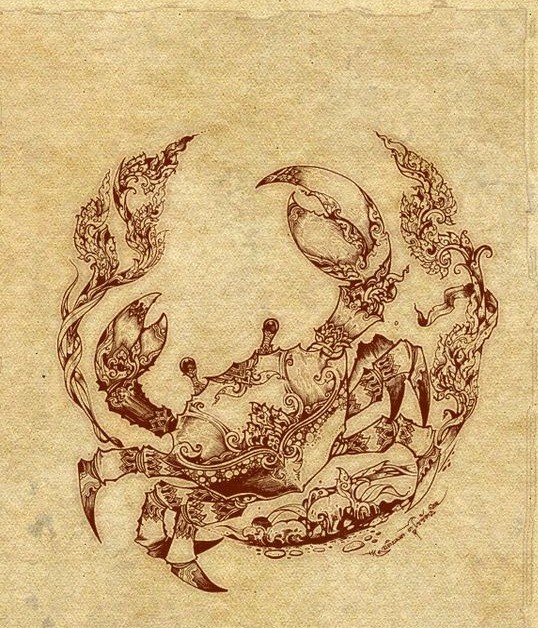 Uncolored ornate dancing crab tattoo design