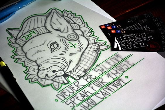 Uncolored pig hipster in cap with lettering tattoo design