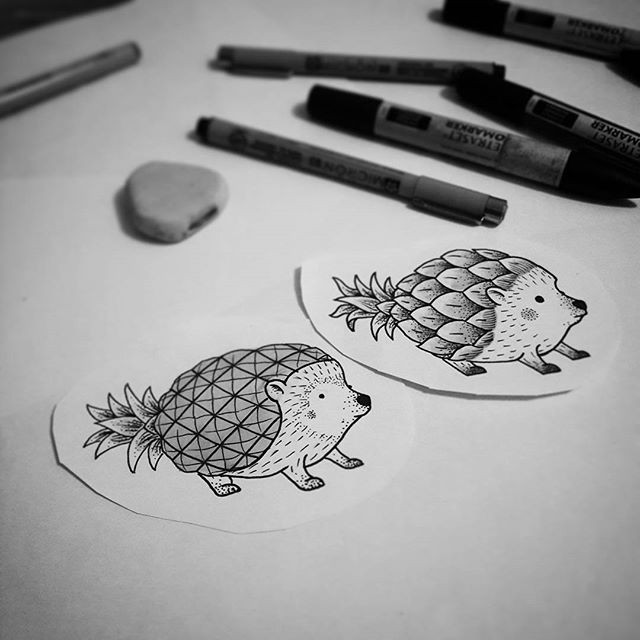 Uncolored pineapple-shaped hedgehog tattoo designs