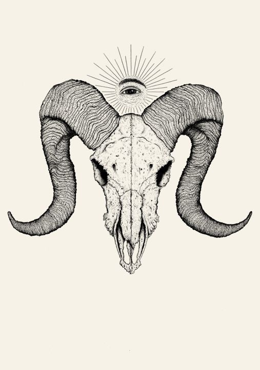 Uncolored ram skull with shining illuminati sign tattoo design