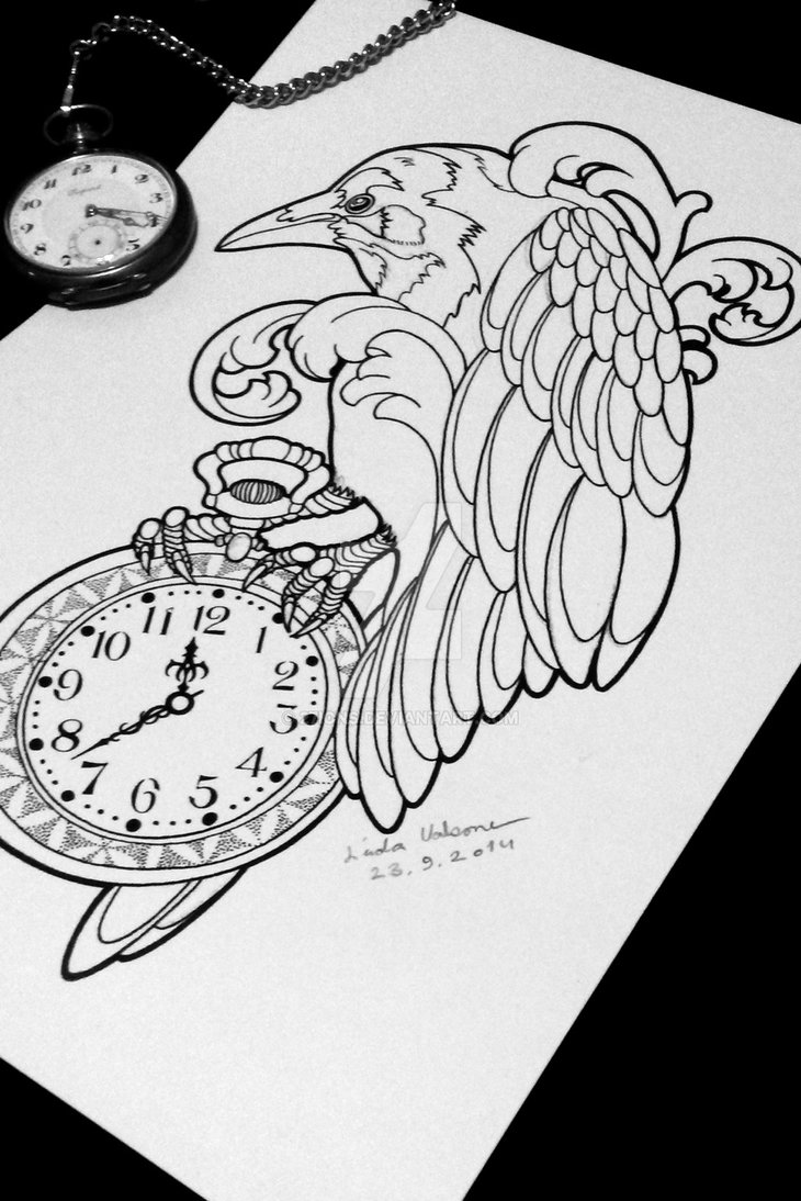 Uncolored raven and antique pocket watch tattoo design by 27ions