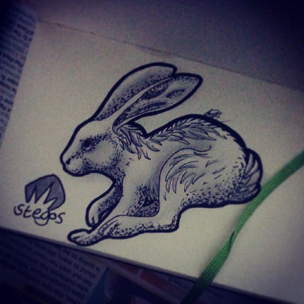 Uncolored running hare with dotwork elements tattoo design by Stegos