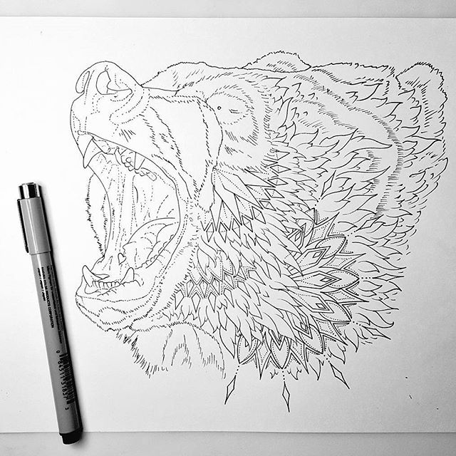 Uncolored screaming bear with floral pattern tattoo design