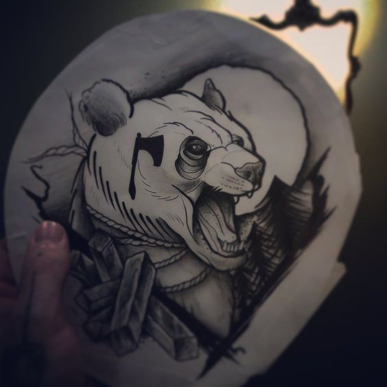 Uncolored screaming panda in forest decorations tattoo design