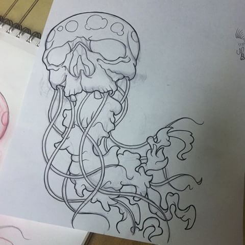 Uncolored skull-headed jellyfish with fluffy frilled tentacles tattoo design