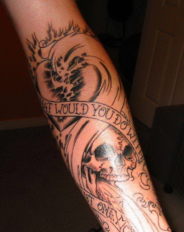 Uncolored skull and broken heart with quote tattoo sleeve on forearm